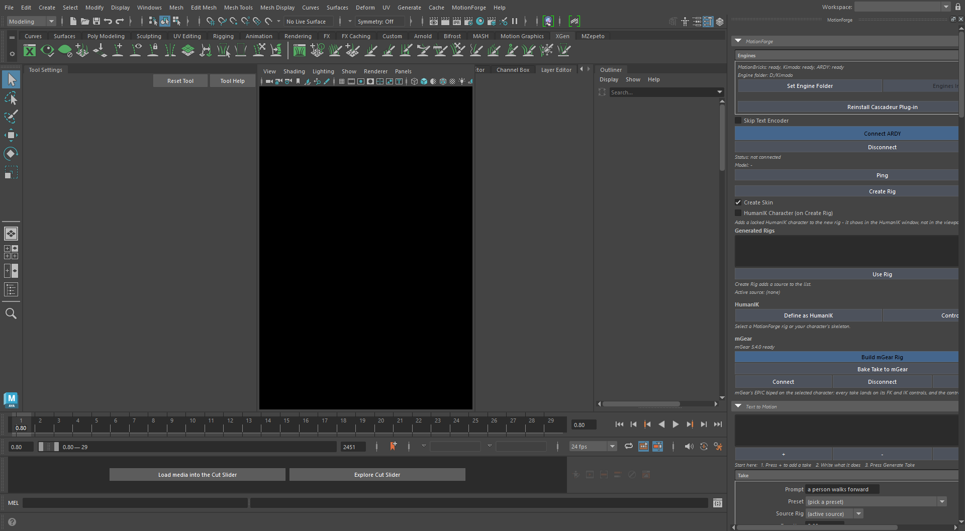 The MotionForge panel docked on the right of Maya