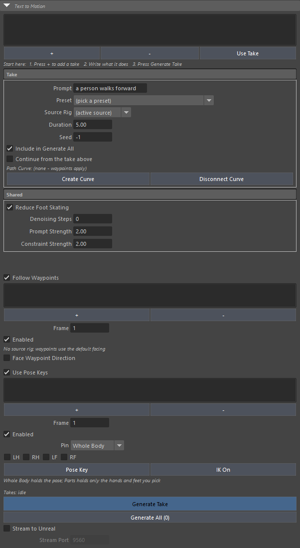 Text to Motion panel